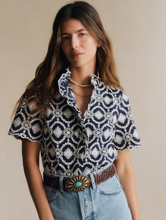 Sezane Tops - *NWT* [Sezane] Dahlia Shirt in Marine with Daisies, Size 38/6, Organic Cotton